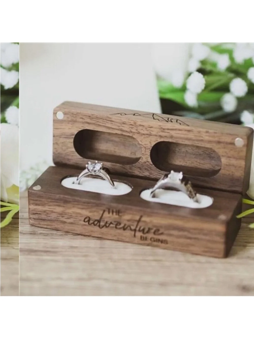 Engraved Flip Wooden 2 Ring box for wedding -Rustic Vintage Solid Wood rectangle